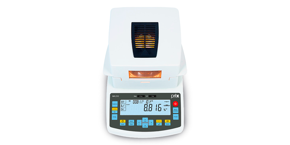 Analisador de Umidade da Série MAR, com tampa branca, visor digital amplo e botões de controle abaixo, vista de cima.