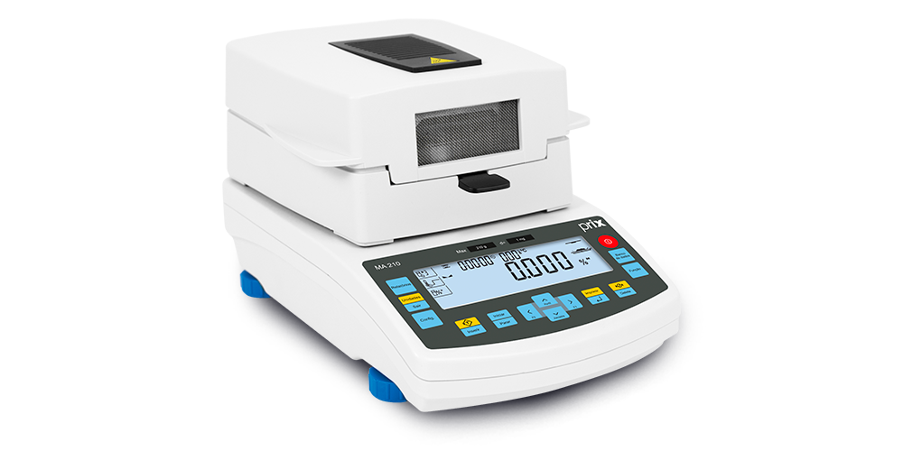 Analisador de Umidade da Série MAR, com tampa branca fechada, visor digital amplo e botões de controle abaixo, vista de lado.