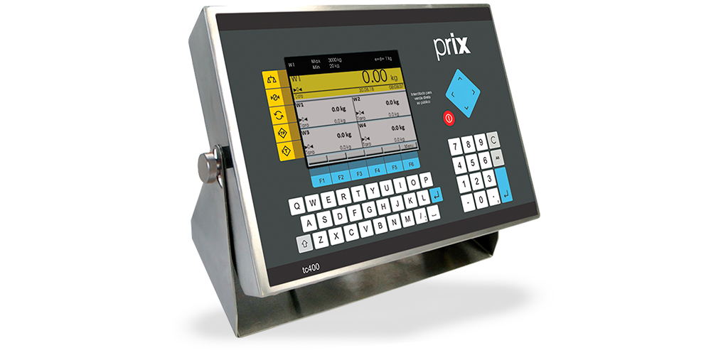 Terminal de controle TC400 em aço inox e painel com display gráfico, interface orientada por teclas de função e menus.