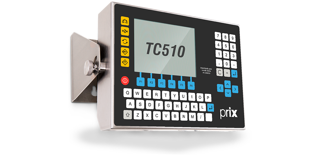 Terminal de pesagem Prix TC510 com Gabinete em aço inox, painel de fundo preto e display gráfico colorido com teclado