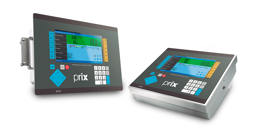 Terminal de Pesagem TI510, com base em aço inox, um display gráfico colorido e conta com um teclado alfanumérico