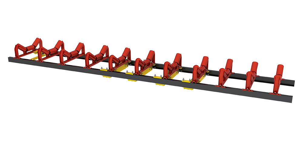 Balança Integradora Prix possui 4 pontes de pesagem na cor amarela instaladas entre 2 barras de metal, medidor de velocidade em vermelho e terminal de controle