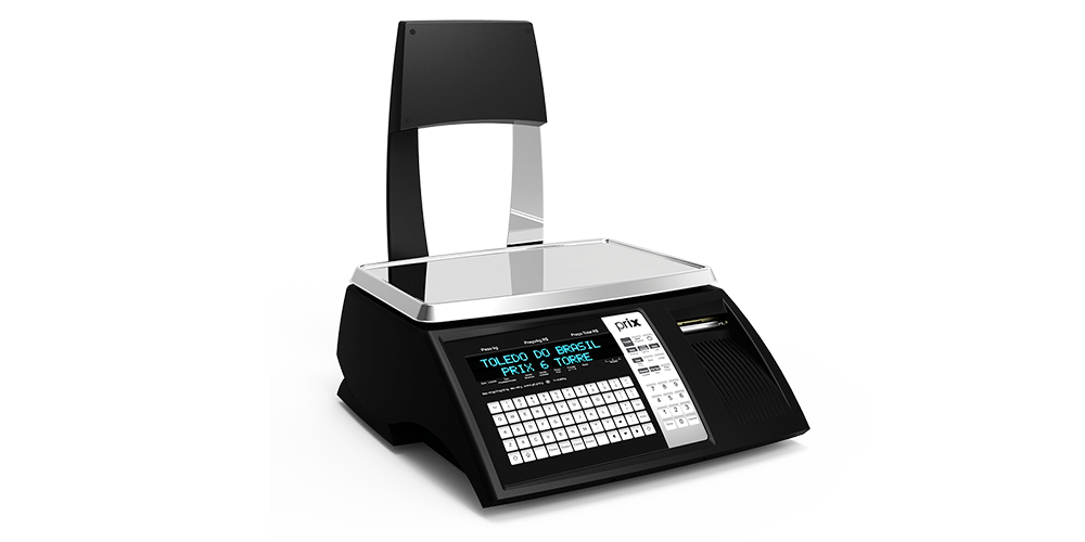 Balança Prix 6 na cor preta, display fluorescente, teclado alfanumérico, saída de etiqueta, coluna com mostrador em LCD 7 pol.
