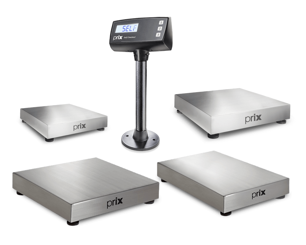 Dispositivos de self checkout Prix com balanças digitais para estabelecimentos varejistas.