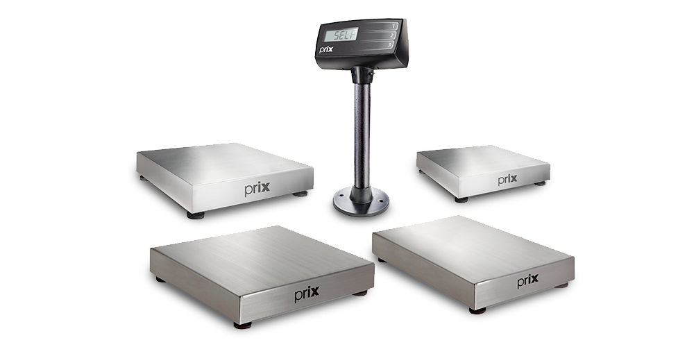 Dispositivo Self Checkout Prix composto por display 6 dígitos (de peso) na cor preta e 4 modelos de balança em inox