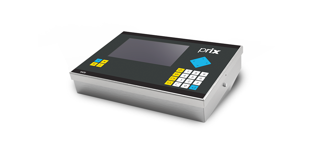 Terminal para balanças rodoviárias TI420 possui estrutura quadrada em aço inox, painel preto e teclado, vista por outro ângulo