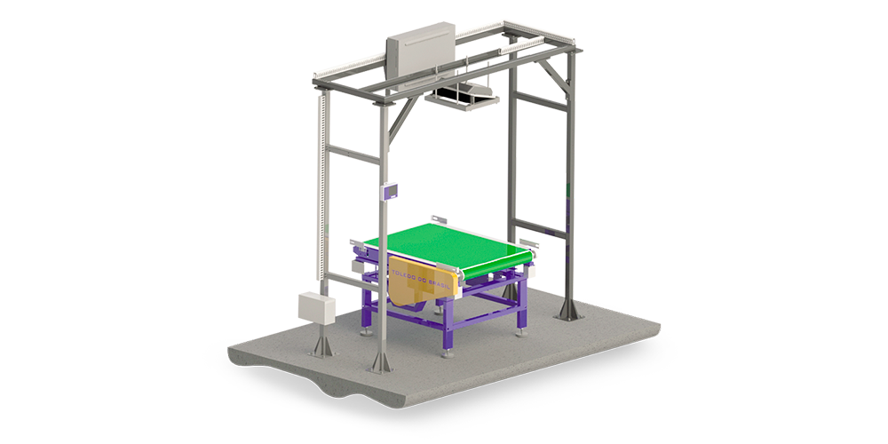 Dimensionadora CargoScan CSN8002000 com estrutura robusta e sistemas integrados para pesagem, cubagem e leitura de códigos de barras