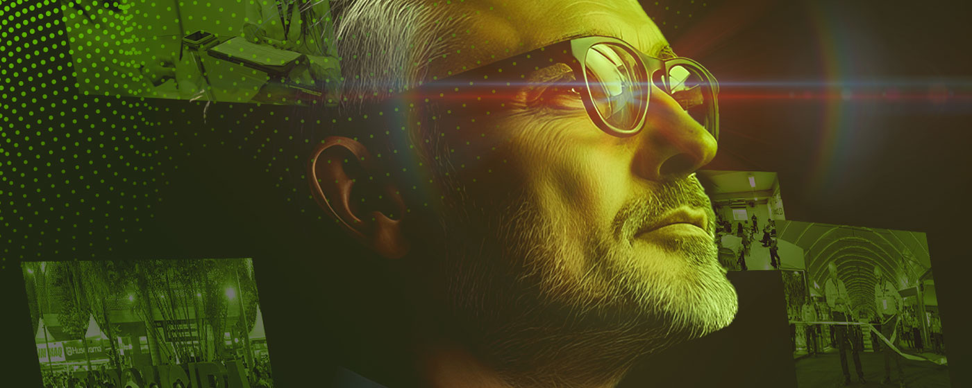 Foto editada de Homem grisalho usando óculos e olhando em direção ao futuro.