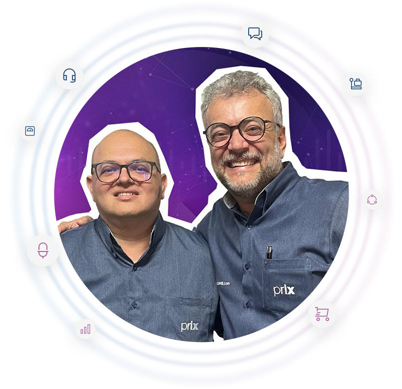 Dois especialistas da Toledo do Brasil sorrindo, com elementos gráficos circulares que representam tecnologia, indústria e pesagem.