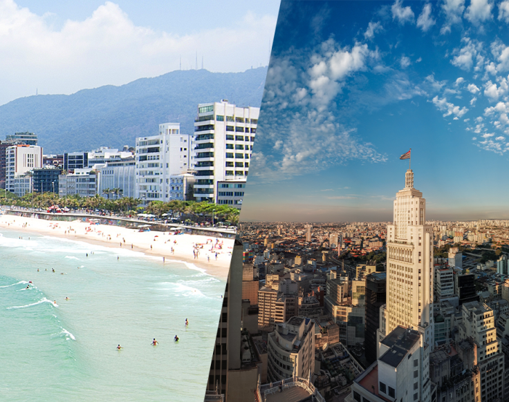 Imagem dividida entre uma cidade litorânea e um grande centro urbano, representando como diferentes locais podem influenciar a precisão das balanças devido ao Fator G.